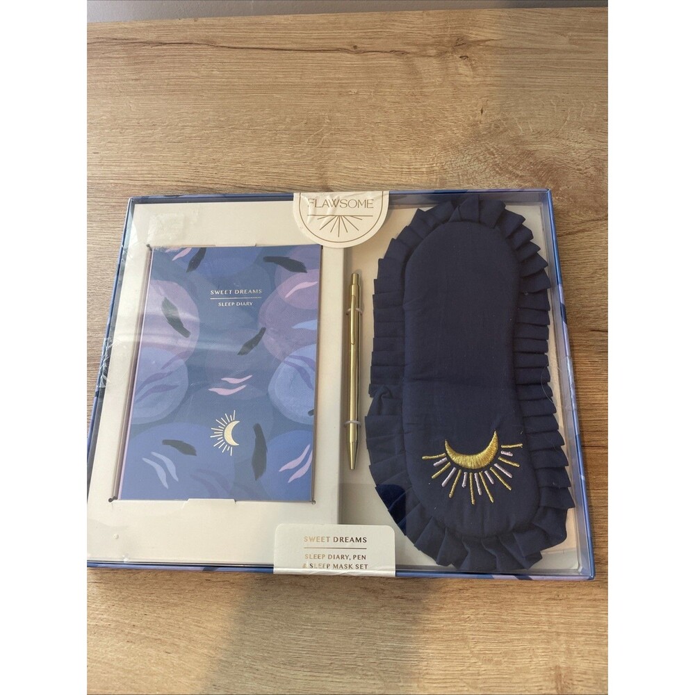 Flawsome Sweet Dreams Sleep Diary, Cotton Sleep Mask & Pen Set Navy Blue Gold